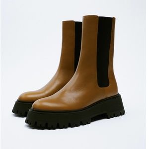Zara brown genuine leather lug sole chelsea ankle boots